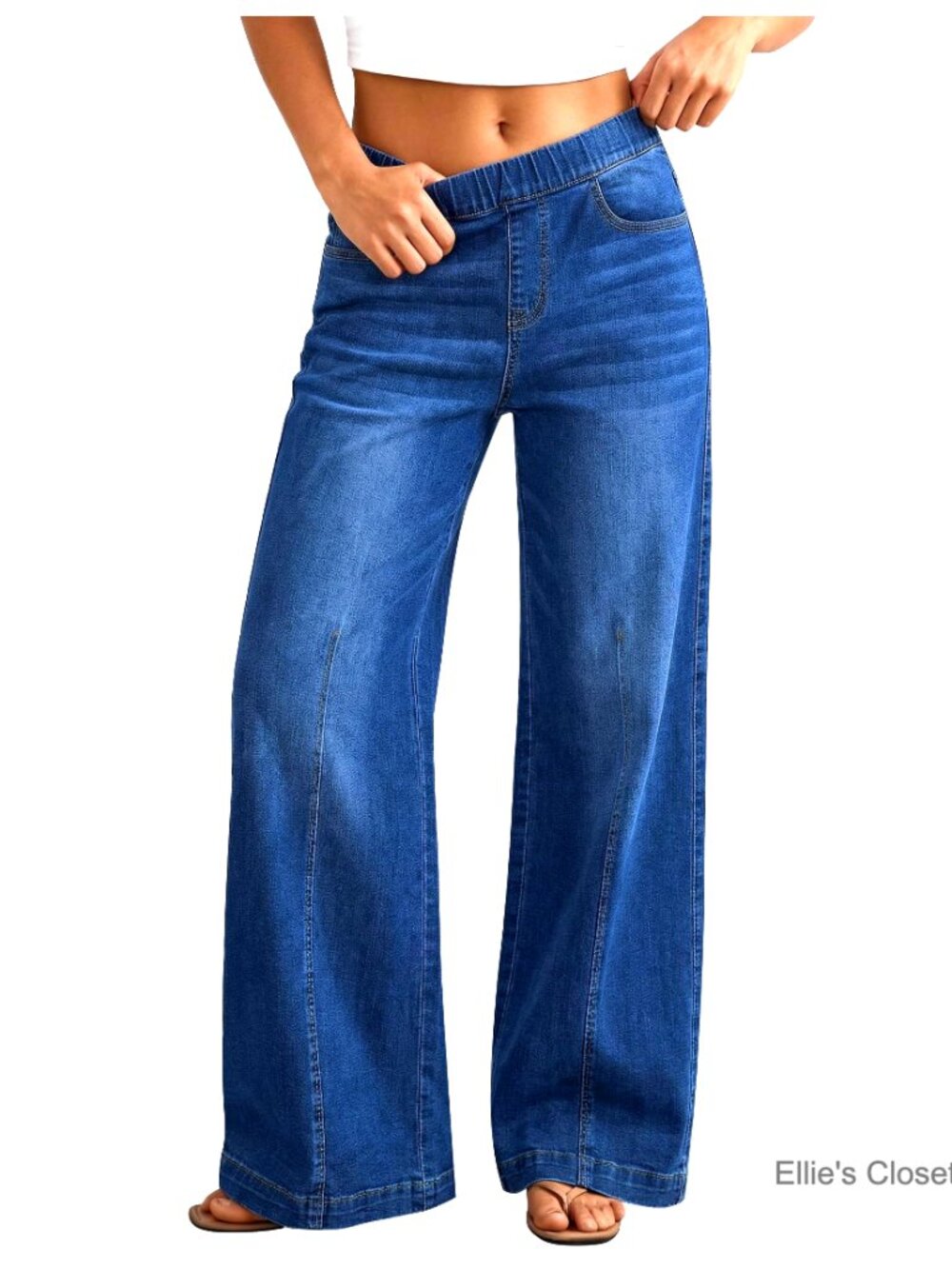 Stretchy High Waisted Wide Leg Jeans Pull On Front Seam Denim Pants